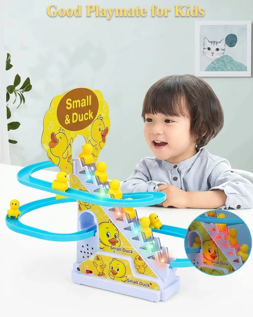 Electric Duck Climbing Stairs Track Toy with LED Lights & Music – Automatic Roller Coaster Slide Set for Kids & Toddlers