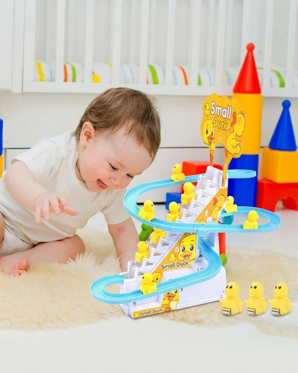 Electric Duck Climbing Stairs Track Toy with LED Lights & Music – Automatic Roller Coaster Slide Set for Kids & Toddlers