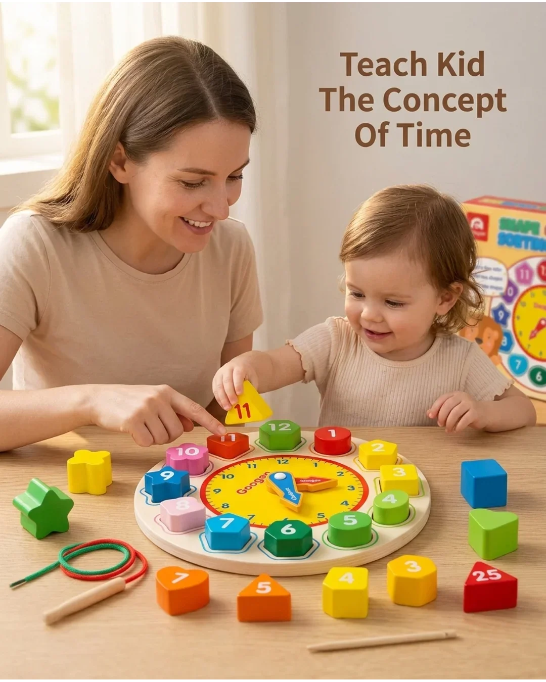 Wooden Teaching Clock & Shape Sorter Toy - Educational Montessori Time Learning Puzzle