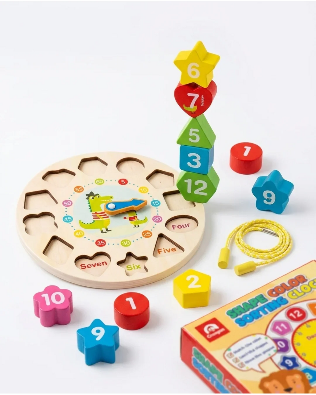 Wooden Teaching Clock & Shape Sorter Toy - Educational Montessori Time Learning Puzzle