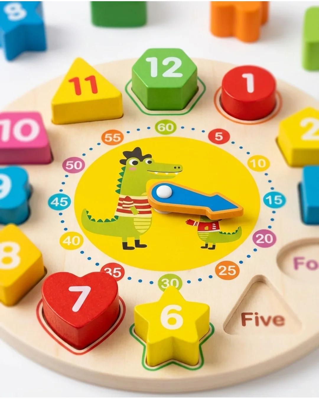 Wooden Teaching Clock & Shape Sorter Toy - Educational Montessori Time Learning Puzzle