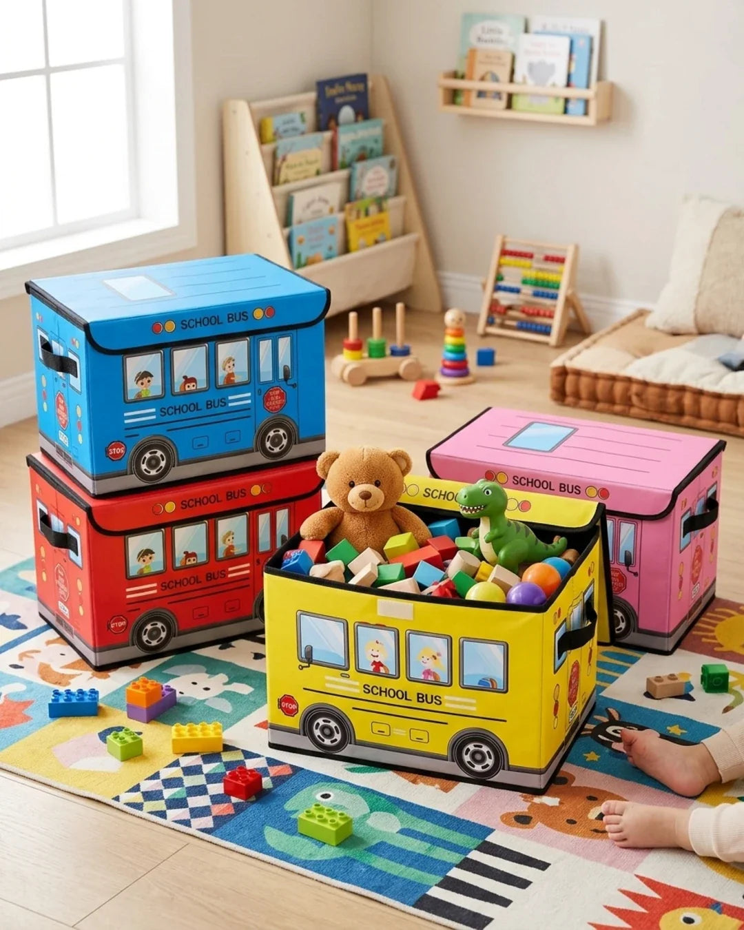 Foldable Bus Toy Storage Box & Sitting Stool | Kids Storage Organizer Bin
