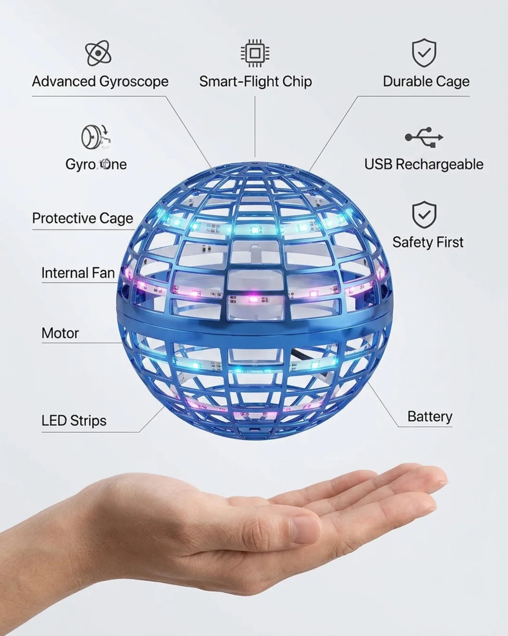 360° Flying Orb Ball Boomerang Spinner - RGB LED Hover Drone Toy for Kids & Adults