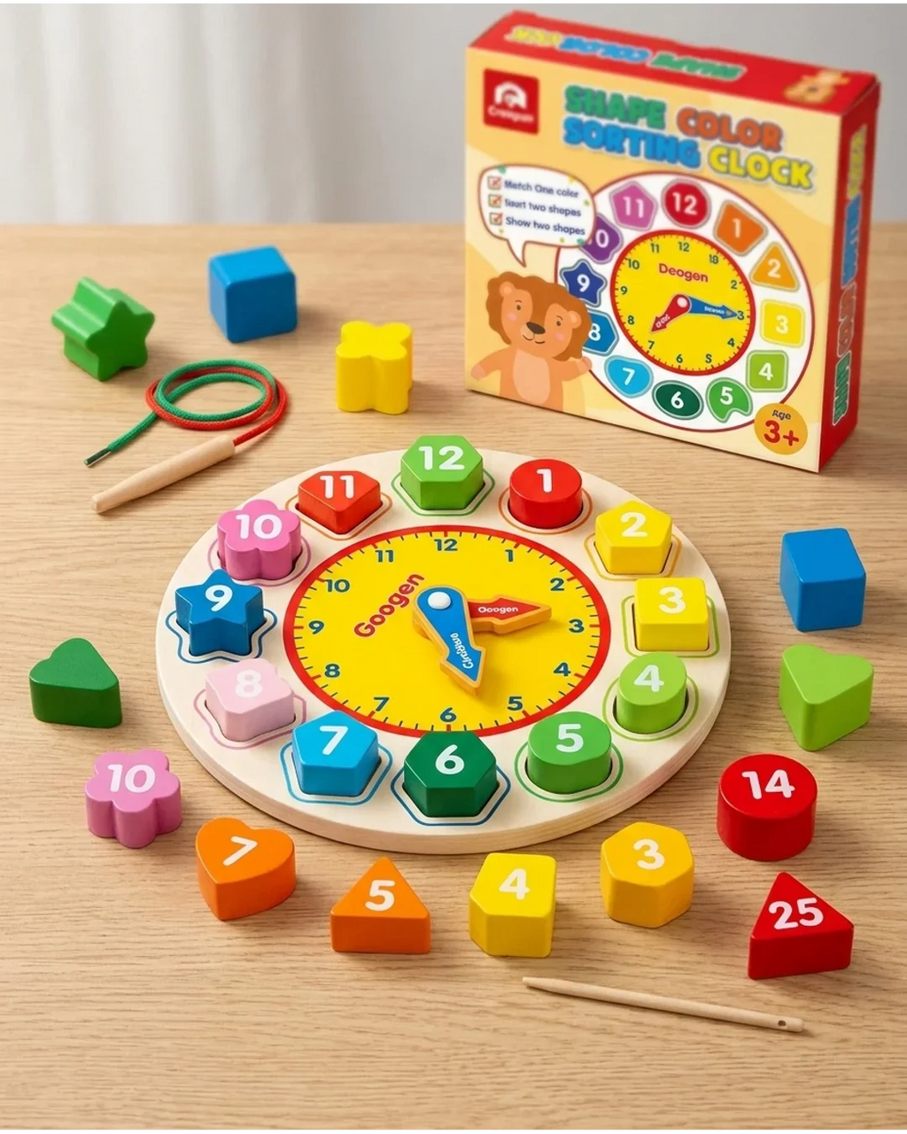 Wooden Teaching Clock & Shape Sorter Toy - Educational Montessori Time Learning Puzzle