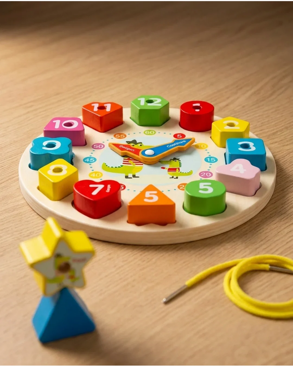Wooden Teaching Clock & Shape Sorter Toy - Educational Montessori Time Learning Puzzle