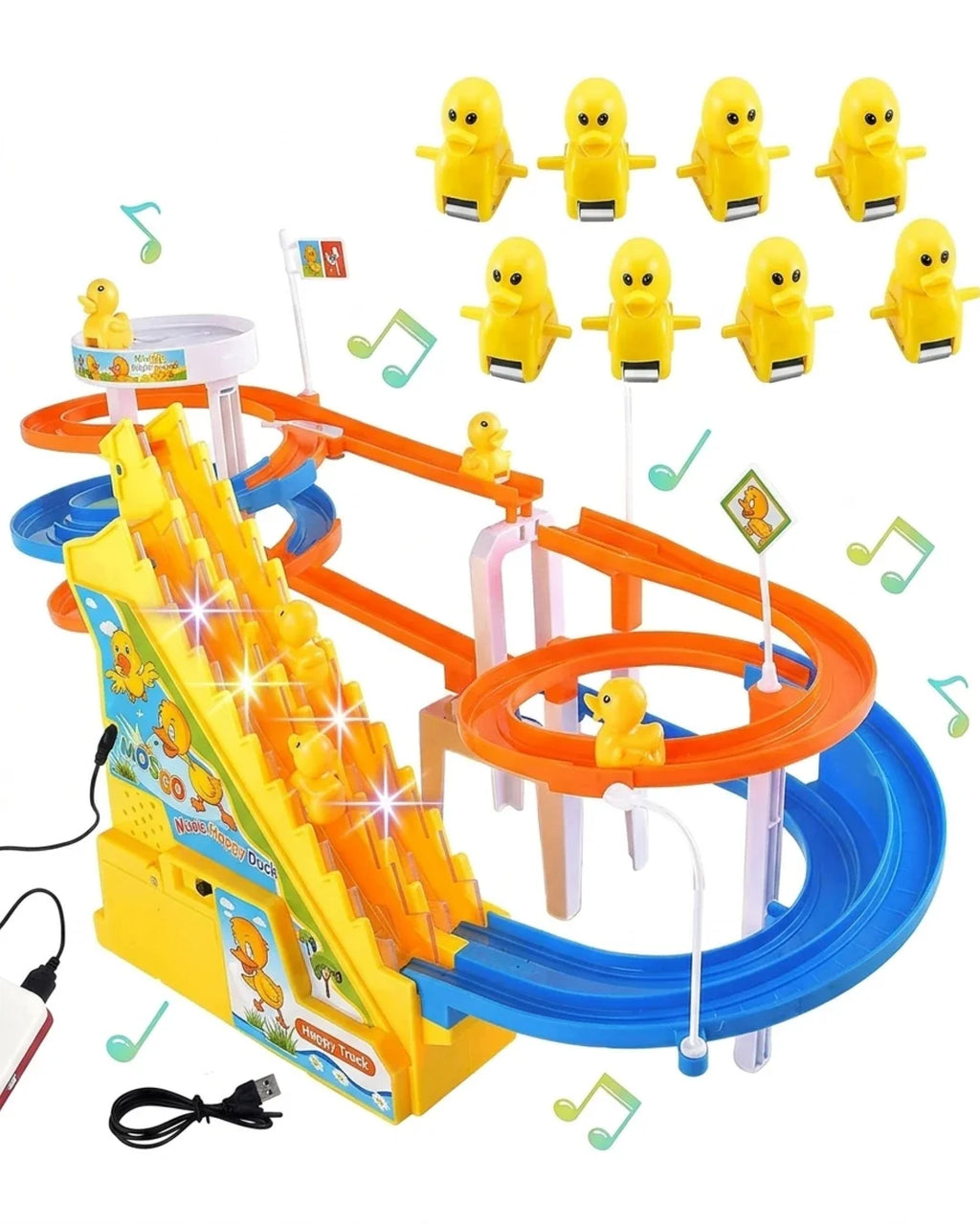 Electric Duck Climbing Stairs Track Toy with LED Lights & Music – Automatic Roller Coaster Slide Set for Kids & Toddlers